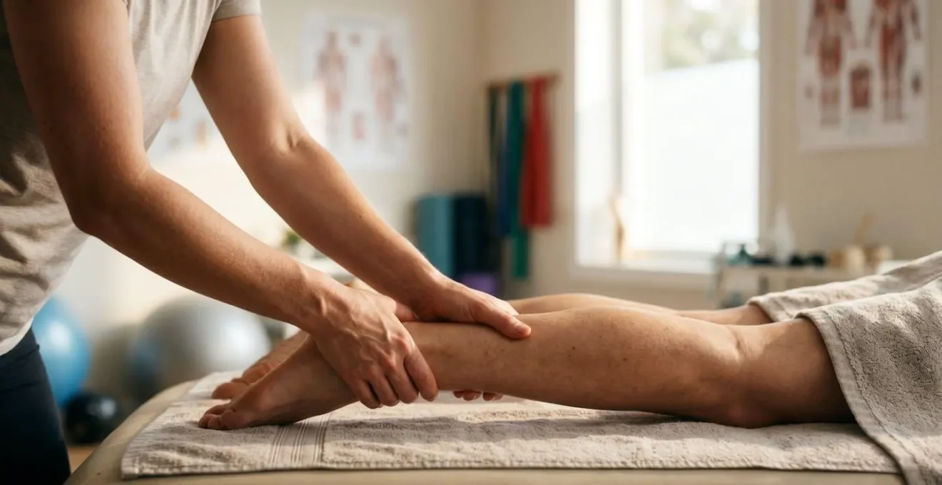 Praticien réalisant un massage thérapeutique profond sur le tendon d'Achille d'un patient, dans un cabinet de kinésithérapie lumineux, symbolisant un accompagnement de longue durée