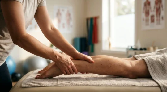 Praticien réalisant un massage thérapeutique profond sur le tendon d'Achille d'un patient, dans un cabinet de kinésithérapie lumineux, symbolisant un accompagnement de longue durée