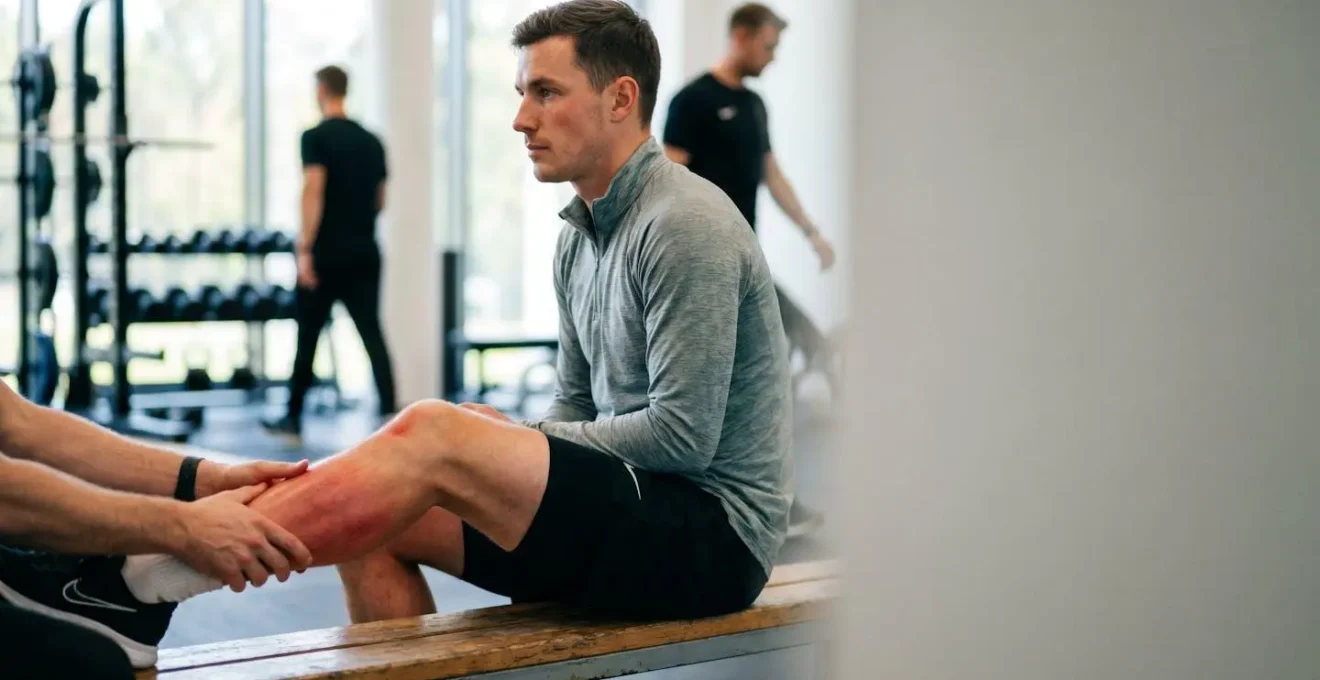 Sportif recevant un massage préparatoire sur le mollet avant un effort physique, illustrant la stimulation de la vascularisation musculaire