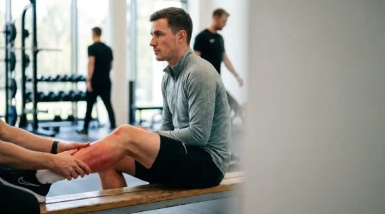 Sportif recevant un massage préparatoire sur le mollet avant un effort physique, illustrant la stimulation de la vascularisation musculaire