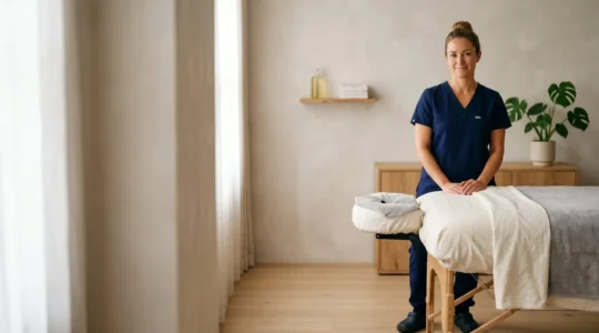 Massotherapeute professionnel preparant sa table de massage dans un cabinet epure, symbole du lancement d'une pratique durable