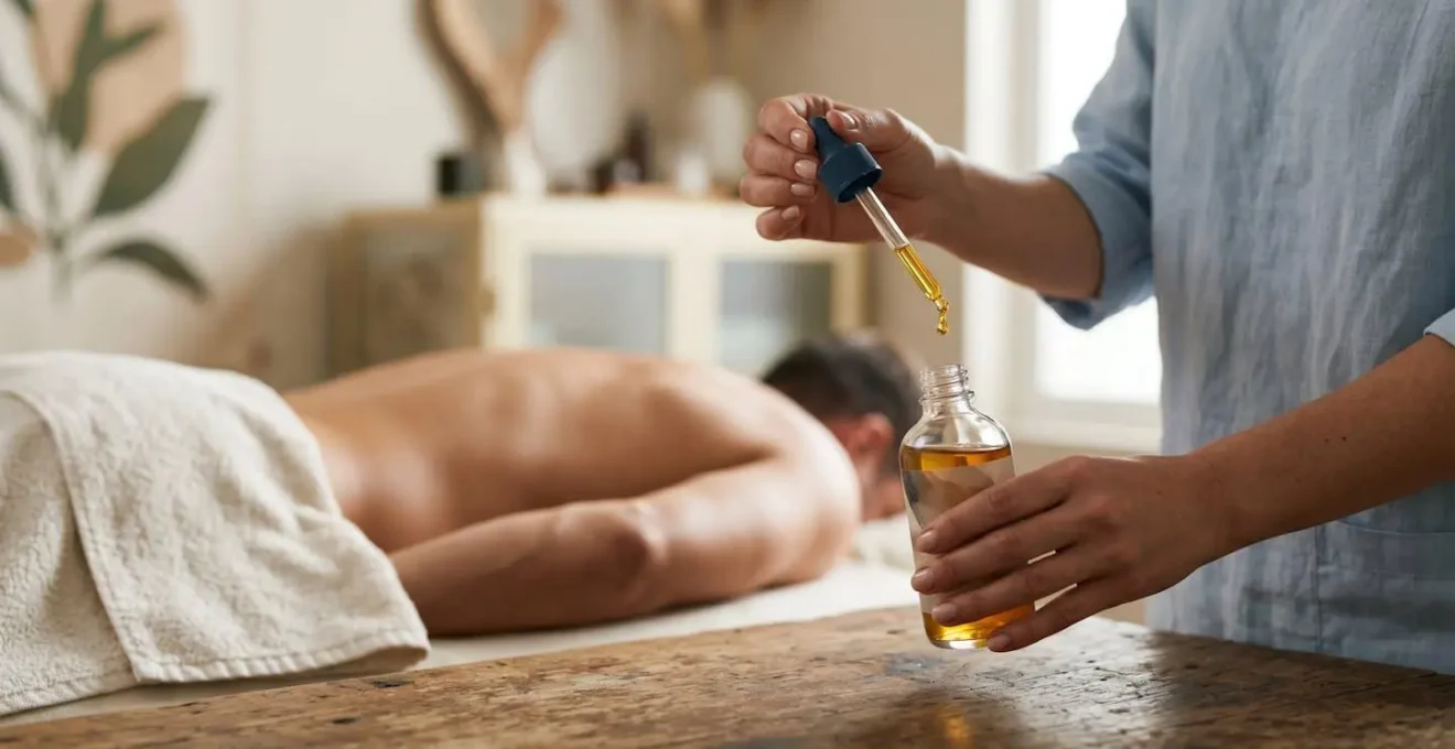 Praticien en aromathérapie sélectionnant avec précision un flacon d'huile essentielle anti-inflammatoire pour un protocole de massage thérapeutique
