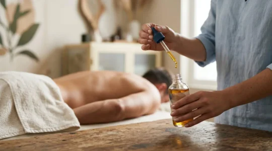 Praticien en aromathérapie sélectionnant avec précision un flacon d'huile essentielle anti-inflammatoire pour un protocole de massage thérapeutique