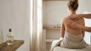 Mains de praticien appliquant une huile de massage legere et non grasse sur le dos d'un client dans un cabinet de bien-etre