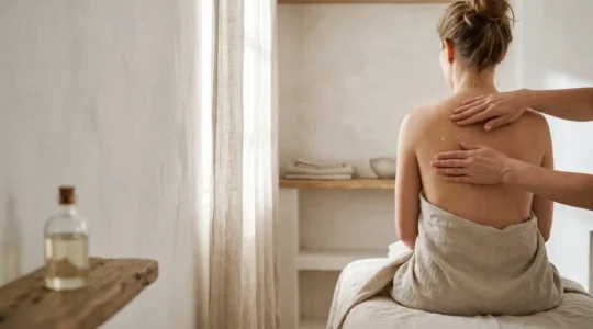 Mains de praticien appliquant une huile de massage legere et non grasse sur le dos d'un client dans un cabinet de bien-etre