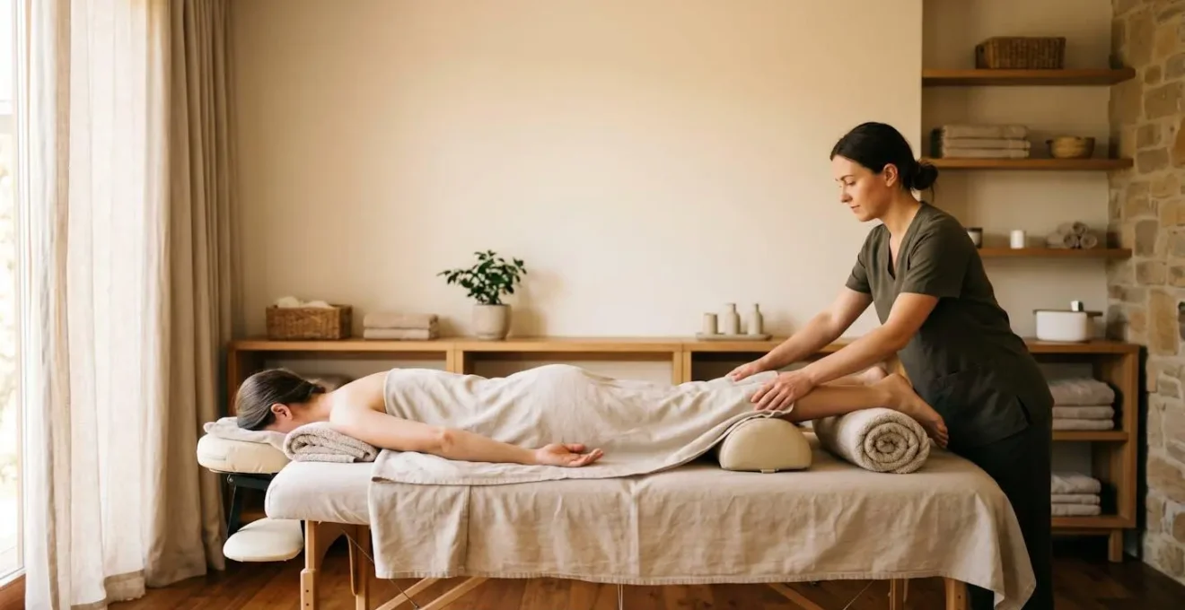 Praticien ajustant avec soin des coussins de positionnement sous les genoux d'un client allongé sur une table de massage