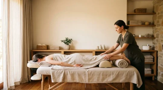 Praticien ajustant avec soin des coussins de positionnement sous les genoux d'un client allongé sur une table de massage
