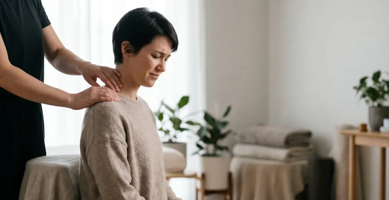 Praticien palpant avec attention le haut du dos d'un client pour detecter une contracture musculaire naissante