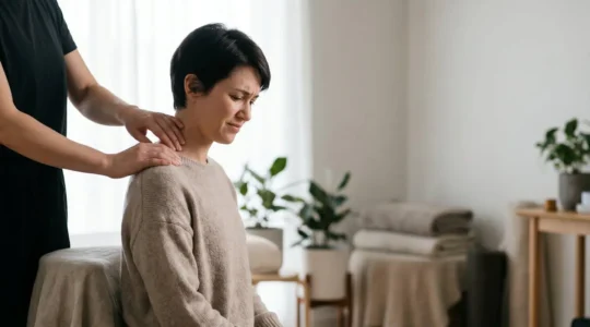 Praticien palpant avec attention le haut du dos d'un client pour detecter une contracture musculaire naissante