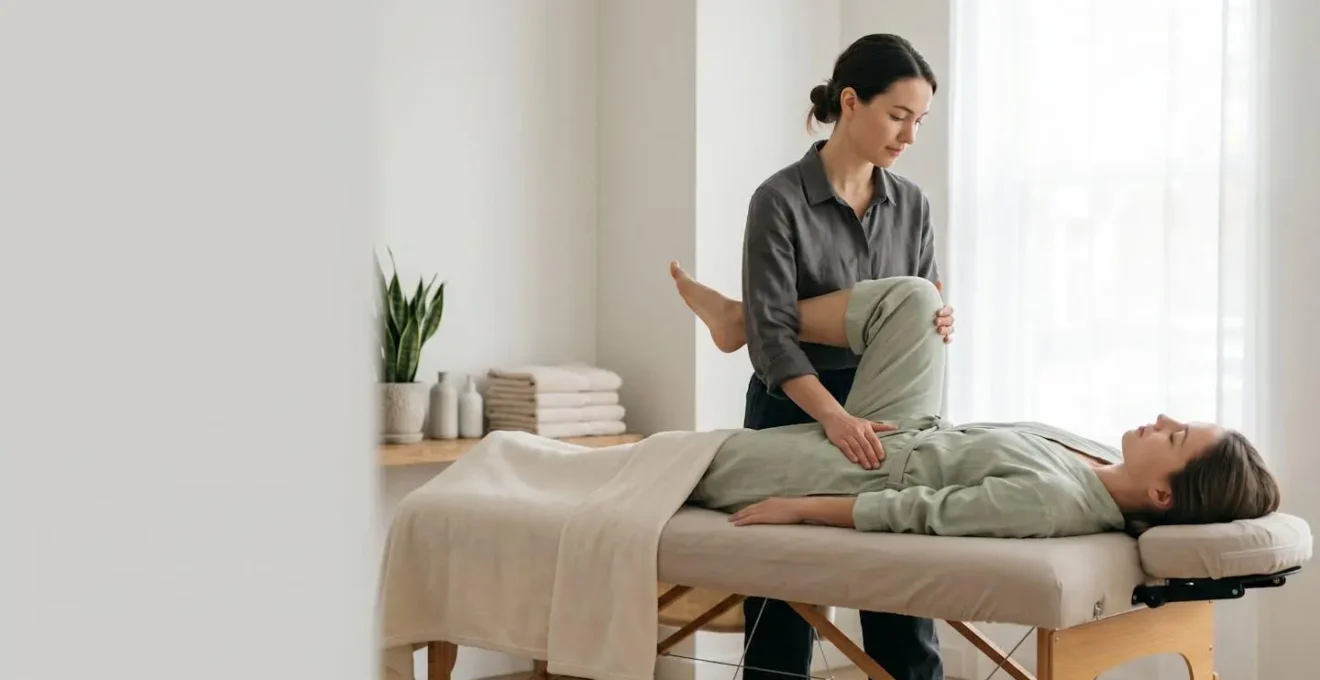 Praticien guidant avec précision un étirement passif de la jambe d'un client détendu sur une table de massage, dans une ambiance de spa épurée