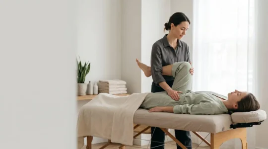 Praticien guidant avec précision un étirement passif de la jambe d'un client détendu sur une table de massage, dans une ambiance de spa épurée