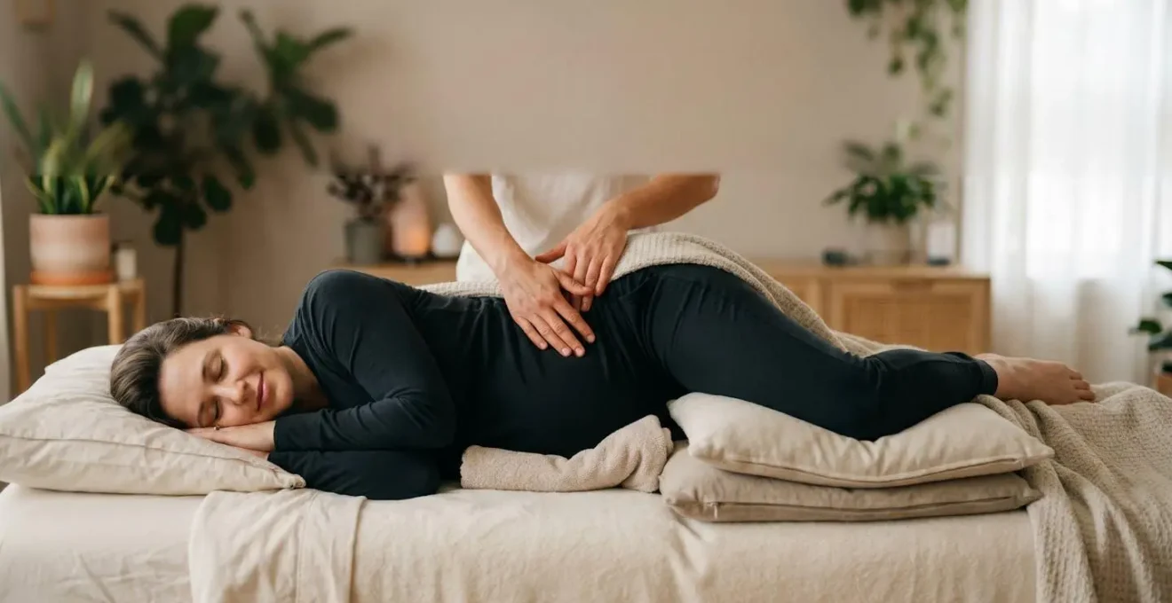 Femme enceinte au troisième trimestre allongée confortablement sur le côté pendant une séance de massage bien-être