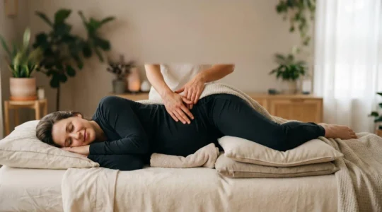 Femme enceinte au troisième trimestre allongée confortablement sur le côté pendant une séance de massage bien-être