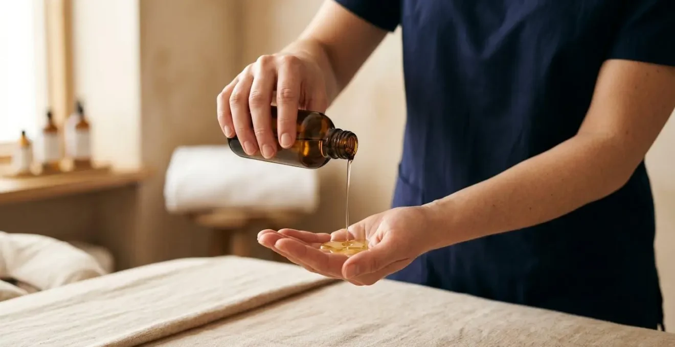 Flacon d'huile d'amande douce dorée entre les mains d'un masseur professionnel dans un cabinet épuré