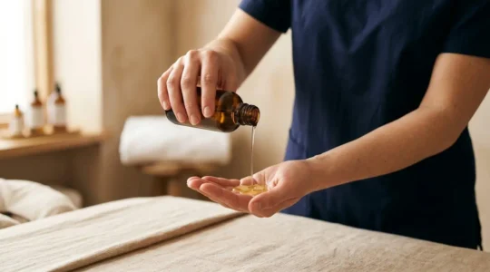 Flacon d'huile d'amande douce dorée entre les mains d'un masseur professionnel dans un cabinet épuré