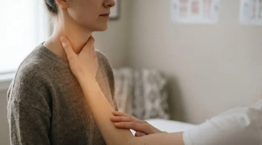 Silhouette humaine de profil montrant une ligne de tension lumineuse partant de la nuque jusqu'au bras, symbolisant la douleur projetée