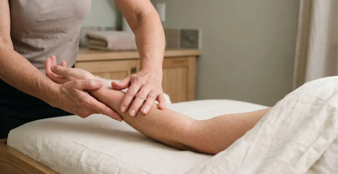 Mains d'un praticien exécutant une manœuvre de drainage lymphatique sur l'avant-bras d'un client, dans une lumière douce et naturelle