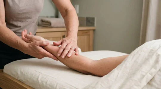 Mains d'un praticien exécutant une manœuvre de drainage lymphatique sur l'avant-bras d'un client, dans une lumière douce et naturelle