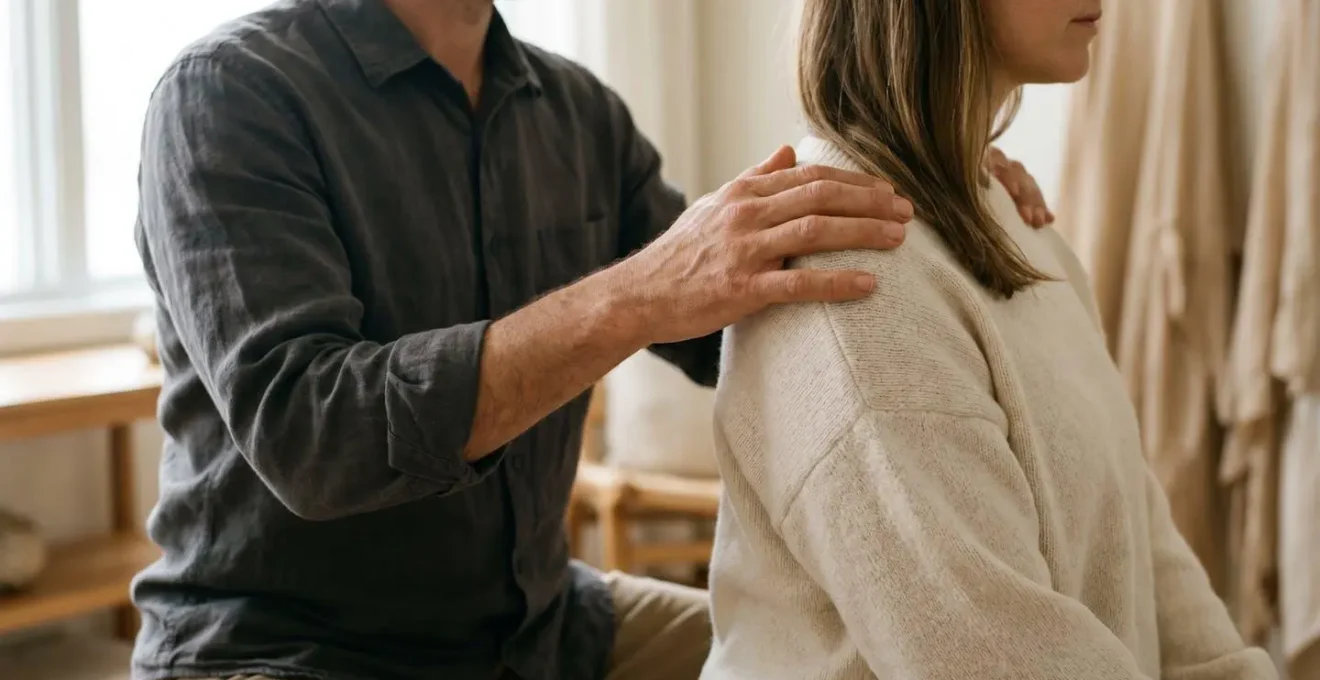 Mains d'un praticien posées avec douceur sur l'épaule d'un client, symbolisant un plan de traitement progressif contre la douleur chronique