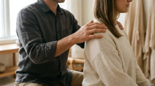 Mains d'un praticien posées avec douceur sur l'épaule d'un client, symbolisant un plan de traitement progressif contre la douleur chronique