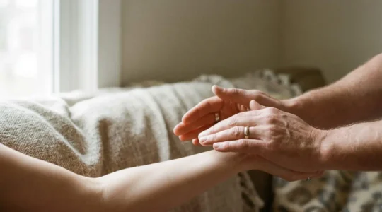 Mains posées avec douceur autour d'une zone de peau en cours de cicatrisation, symbolisant un massage sécurisé