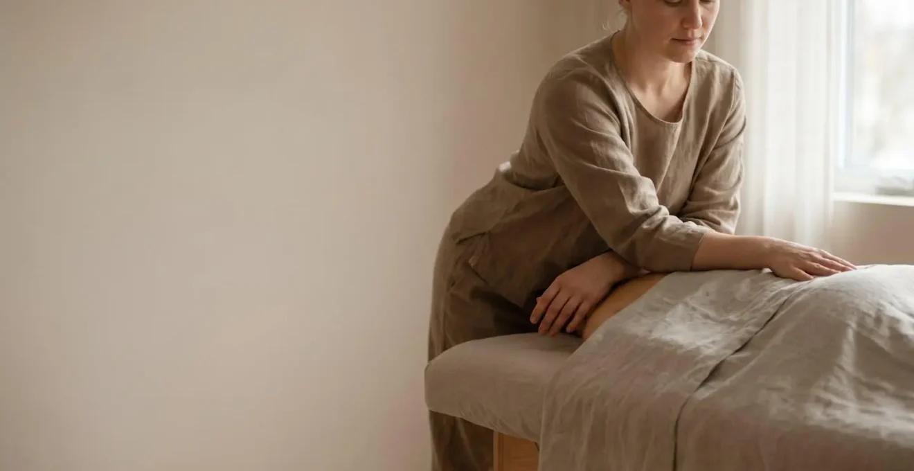 Mains d'un praticien appliquant une pression statique profonde et maitrisee grace a l'alignement du corps plutot qu'a la force musculaire