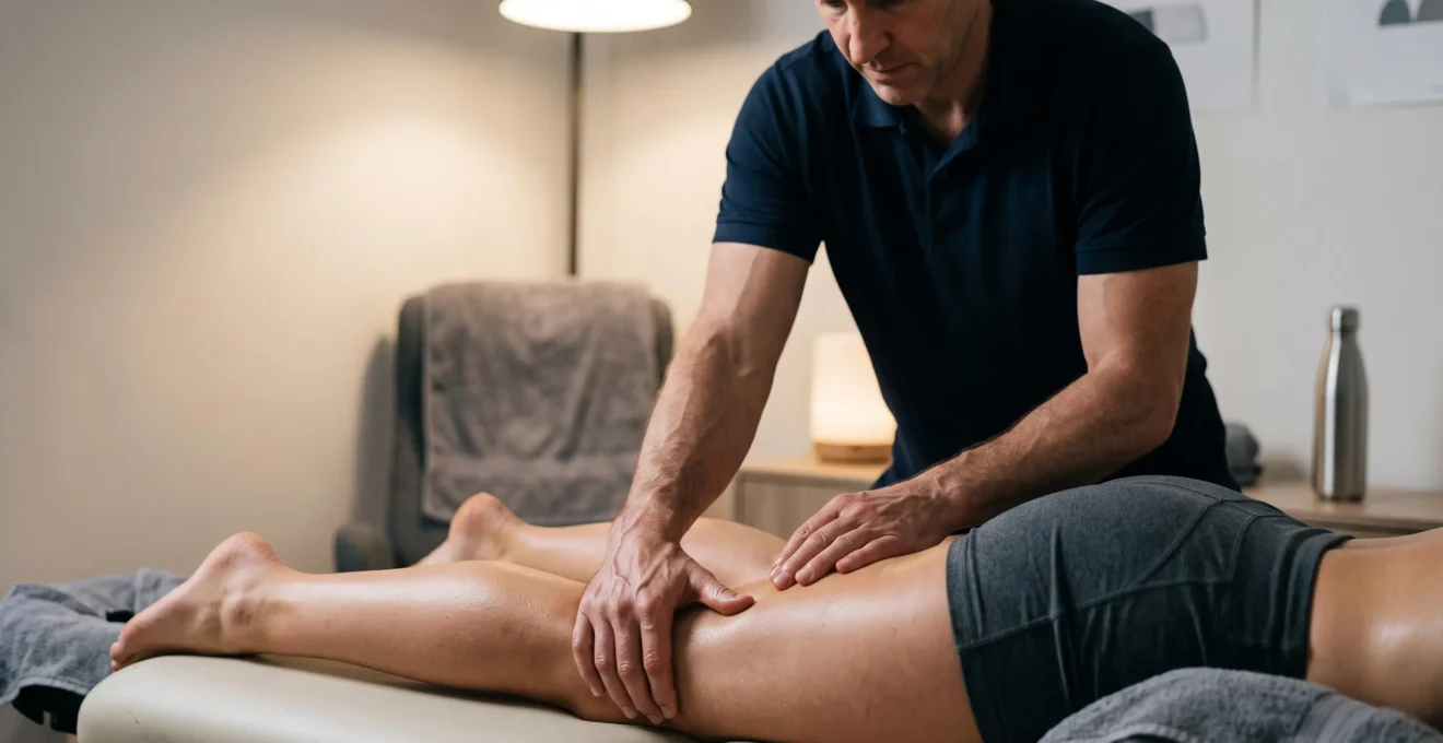 Praticien réalisant un massage de récupération structuré sur les jambes d'un athlète juste après l'effort