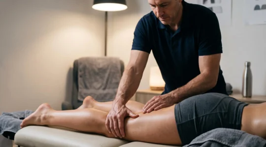 Praticien réalisant un massage de récupération structuré sur les jambes d'un athlète juste après l'effort