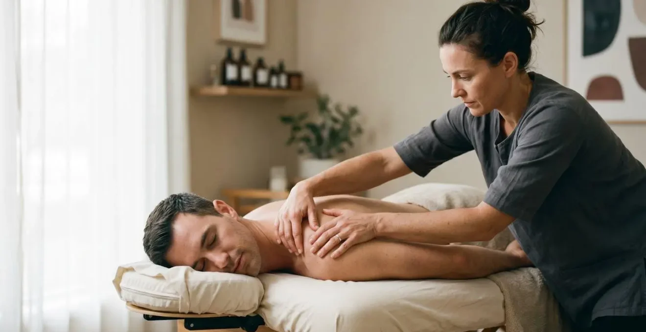 Therapeute appliquant une pression profonde et controlee sur le dos d'un client visiblement detendu, illustrant l'equilibre entre intensite et confort