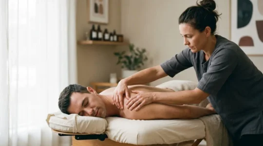 Therapeute appliquant une pression profonde et controlee sur le dos d'un client visiblement detendu, illustrant l'equilibre entre intensite et confort