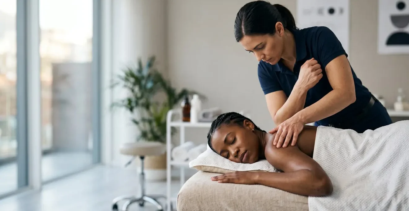 Praticien réalisant un massage sportif professionnel symbolisant l'adaptation aux phases d'un cycle d'entraînement annuel
