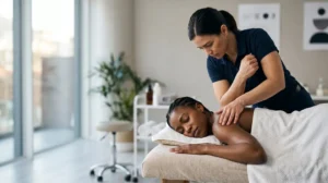 Praticien réalisant un massage sportif professionnel symbolisant l'adaptation aux phases d'un cycle d'entraînement annuel
