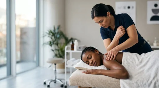 Praticien réalisant un massage sportif professionnel symbolisant l'adaptation aux phases d'un cycle d'entraînement annuel