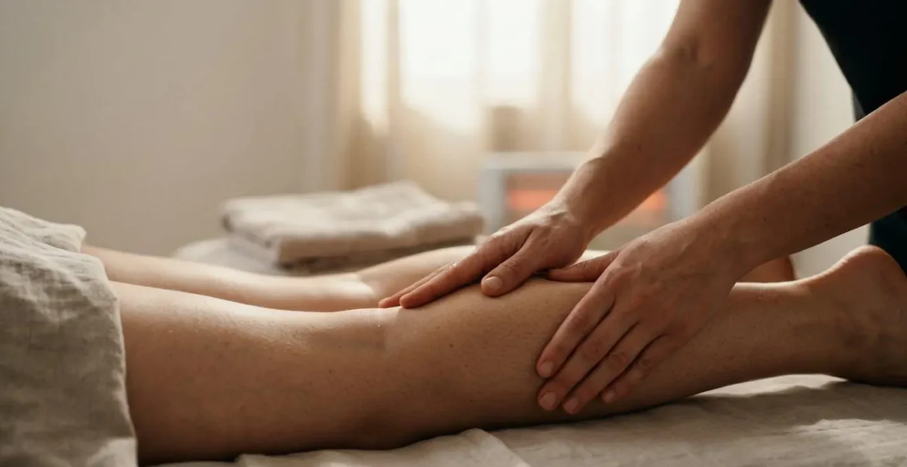 Mains expertes prodiguant un massage thérapeutique apaisant sur une jambe courbaturée dans une lumière douce et chaleureuse