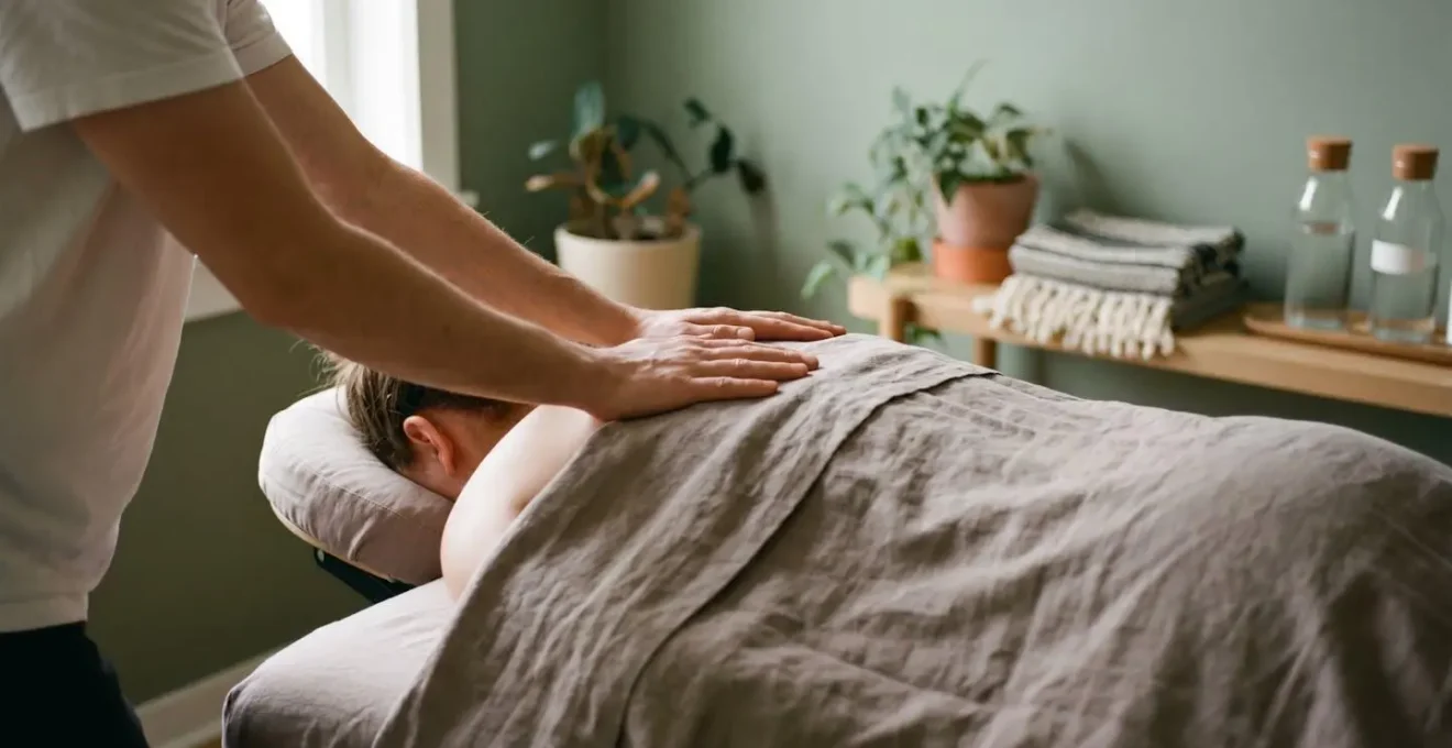 Praticien de massage bien-être appliquant une pression douce et enveloppante sur le dos d'une personne allongée, dans une ambiance calme et lumineuse