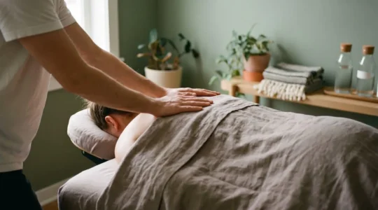 Praticien de massage bien-être appliquant une pression douce et enveloppante sur le dos d'une personne allongée, dans une ambiance calme et lumineuse