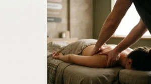 Photographie éditoriale d'une séance de massage thérapeutique ciblant un nœud musculaire à l'épaule dans une ambiance calme et professionnelle