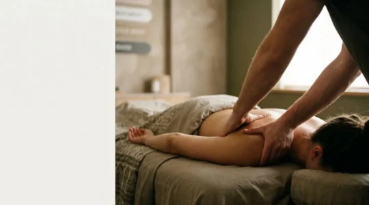 Photographie éditoriale d'une séance de massage thérapeutique ciblant un nœud musculaire à l'épaule dans une ambiance calme et professionnelle