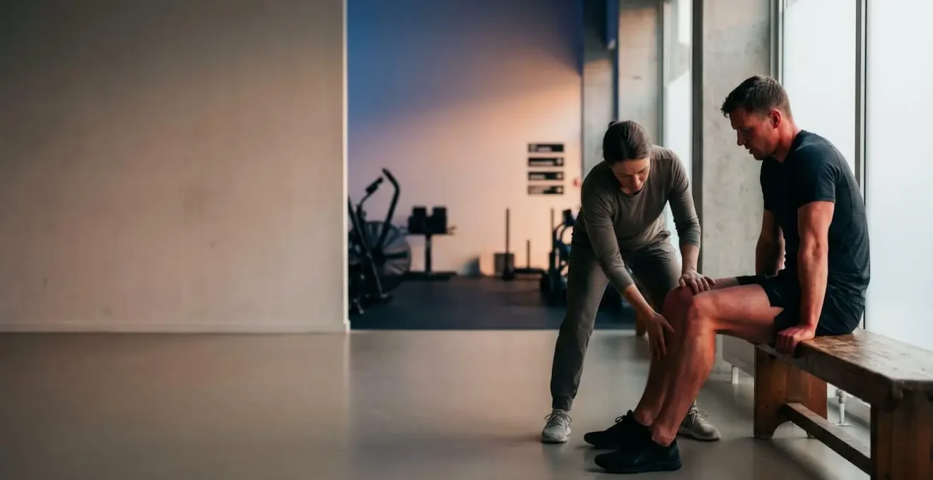 Athlète recevant un massage tonique dynamique sur la jambe juste avant un effort sportif