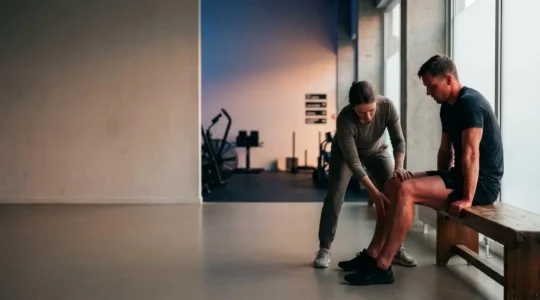 Athlète recevant un massage tonique dynamique sur la jambe juste avant un effort sportif
