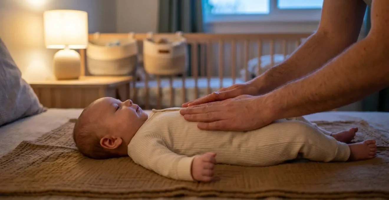Parent massant avec douceur le ventre d'un bébé de deux mois pour apaiser ses pleurs de coliques en fin de journée