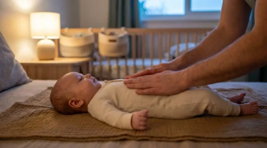 Parent massant avec douceur le ventre d'un bébé de deux mois pour apaiser ses pleurs de coliques en fin de journée