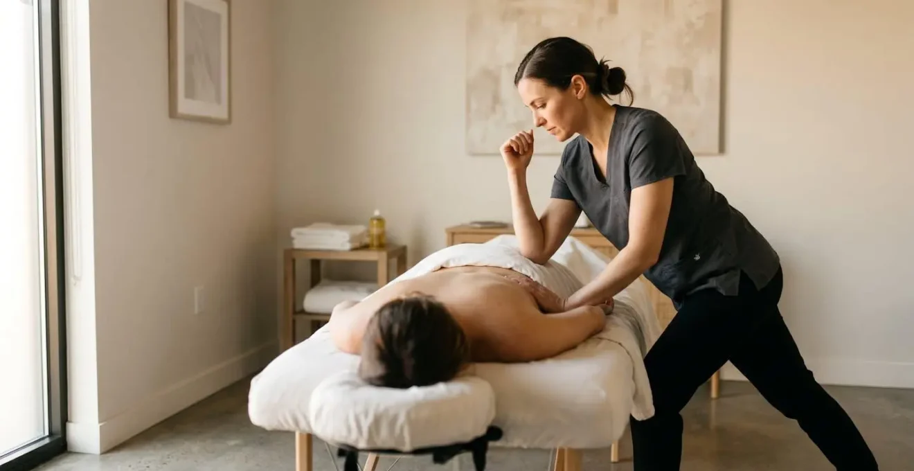 Praticien de massage en position de fente avant, utilisant le poids de son corps pour exercer une pression profonde sur le dos d'un client sans forcer sur les mains