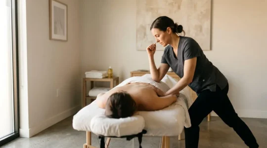 Praticien de massage en position de fente avant, utilisant le poids de son corps pour exercer une pression profonde sur le dos d'un client sans forcer sur les mains