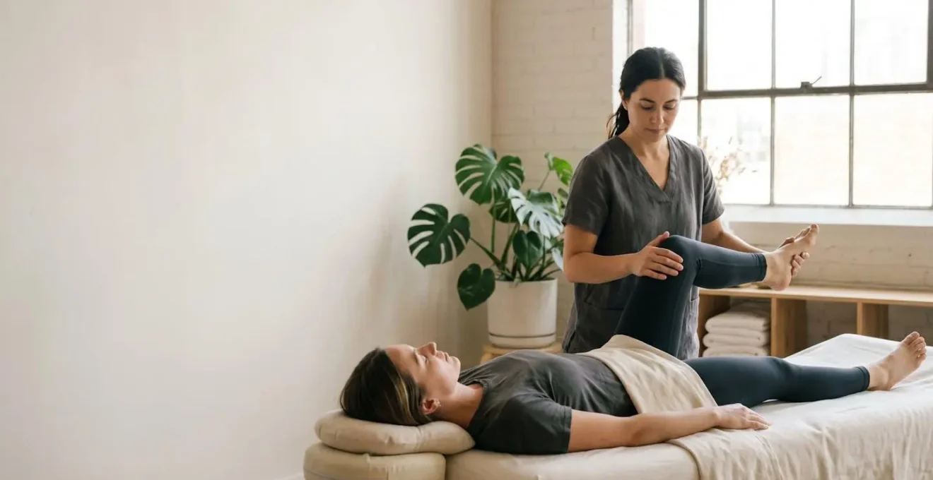 Praticien de massage guidant l'étirement de la jambe d'un client dans un studio de bien-être épuré et lumineux