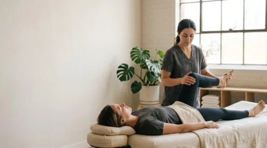 Praticien de massage guidant l'étirement de la jambe d'un client dans un studio de bien-être épuré et lumineux