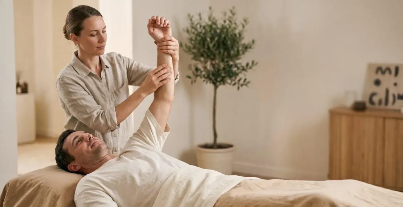 Praticien en bien-être évaluant la mobilité de l'épaule d'un client avant une séance de massage thérapeutique