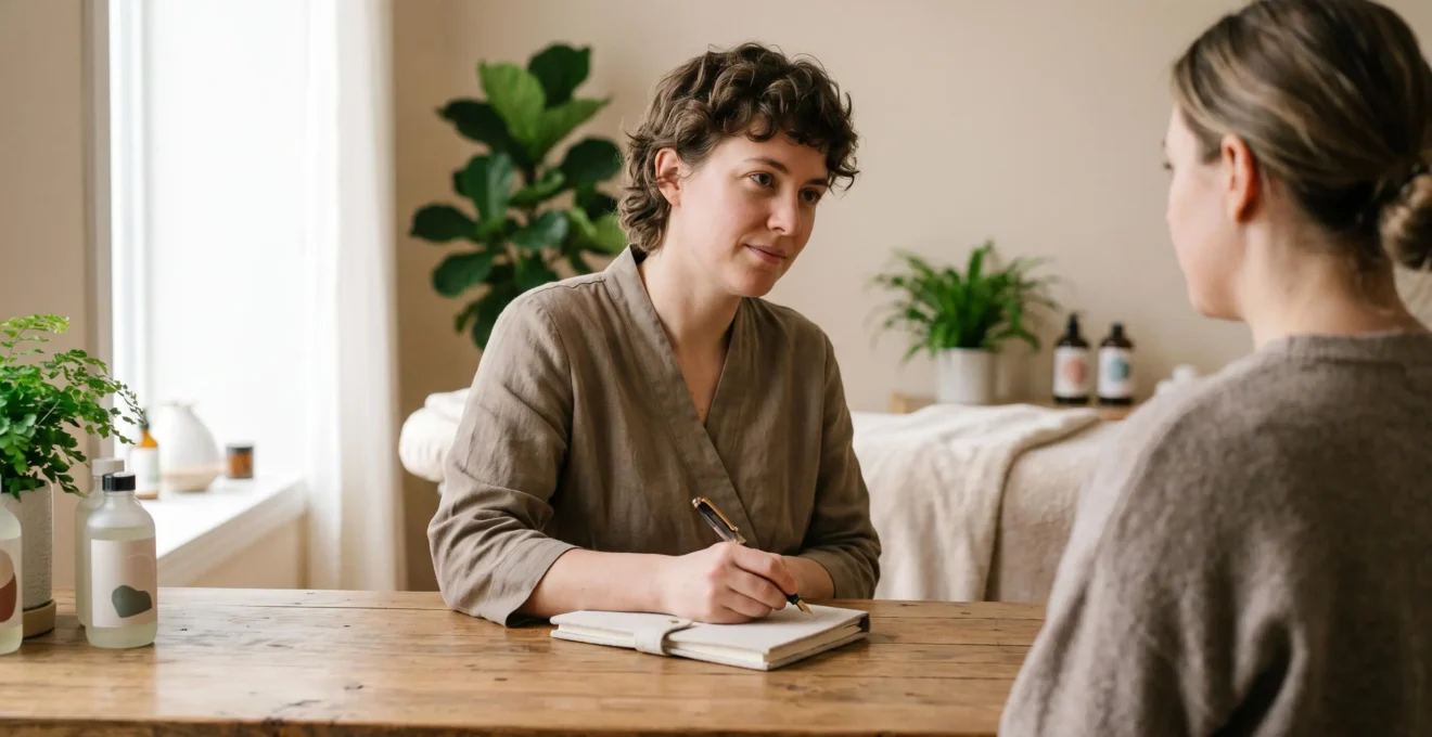 Professionnel du massage en consultation thérapeutique avec un client, évaluant les besoins et définissant les objectifs de soin