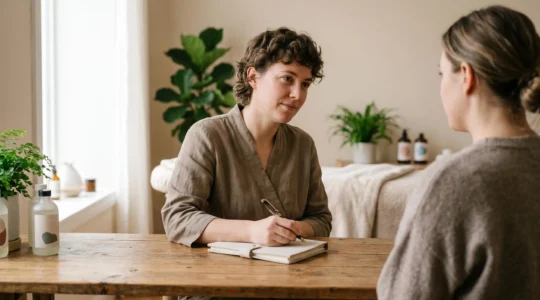 Professionnel du massage en consultation thérapeutique avec un client, évaluant les besoins et définissant les objectifs de soin