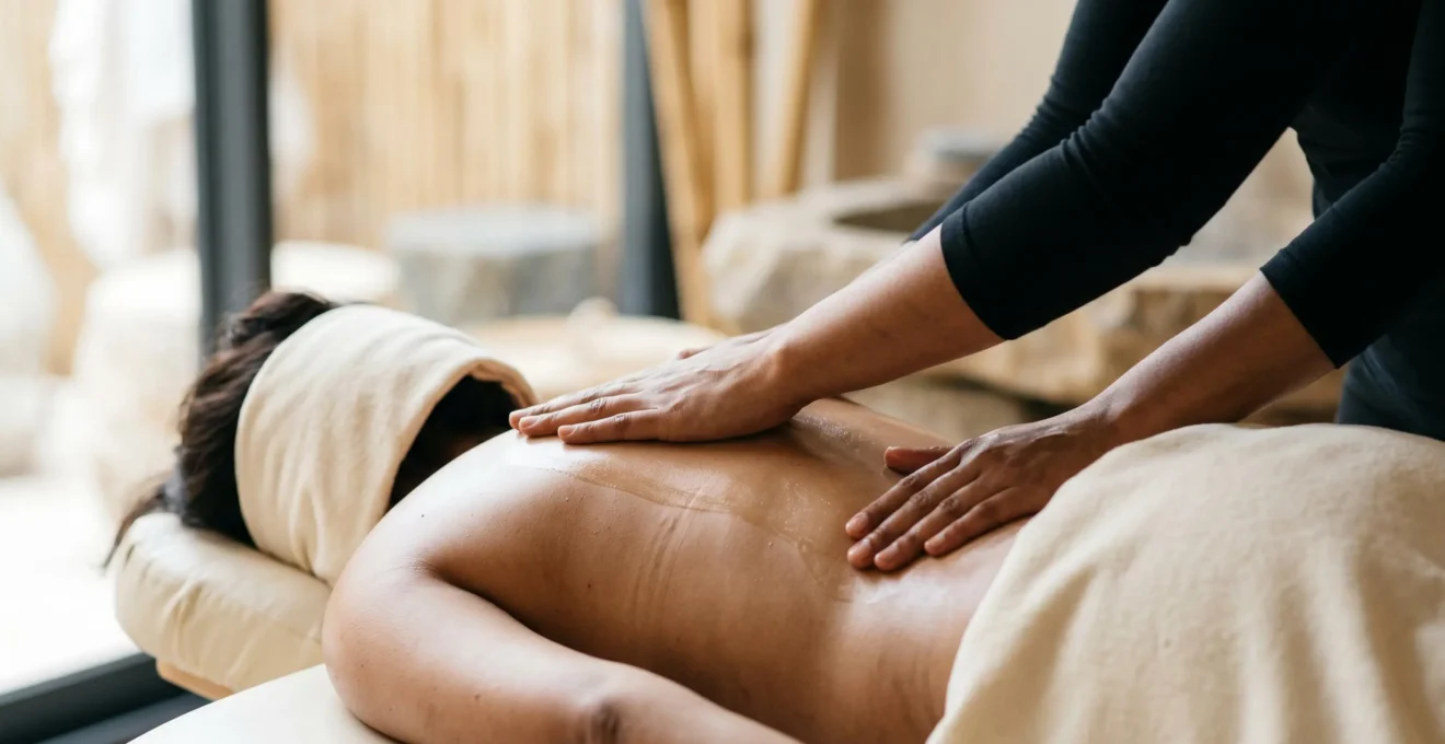 Mains de massothérapeute effectuant un effleurage sur le dos d'un patient dans une ambiance apaisante